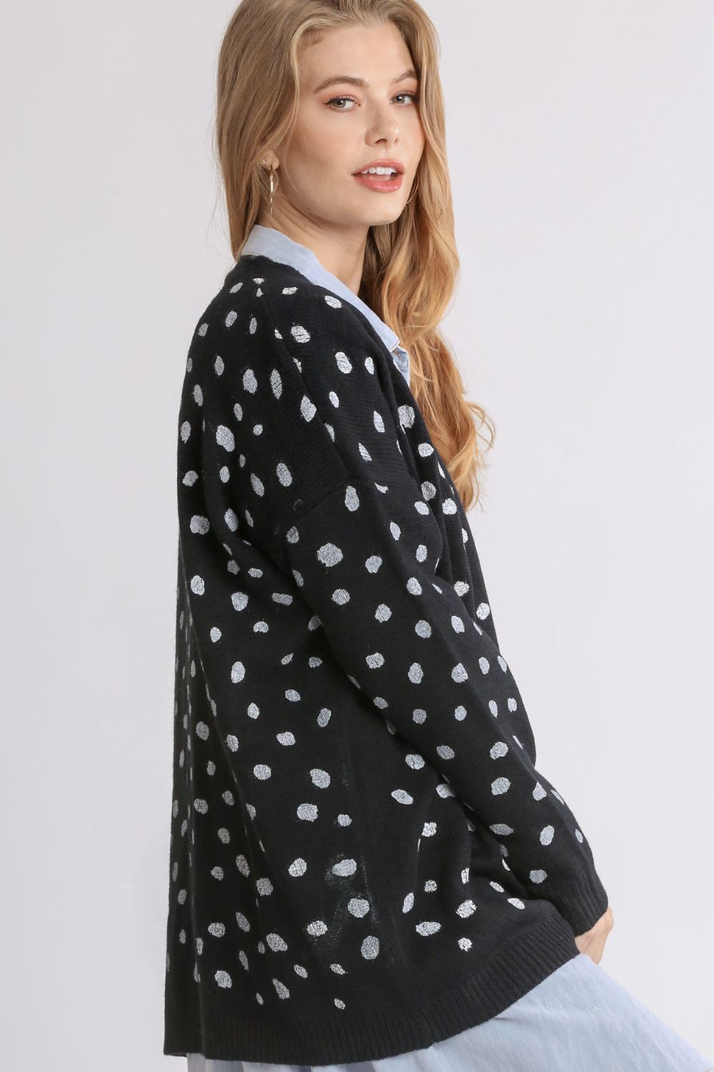 Umgee Polka Dot Open Front Drop Shoulder Cardigan