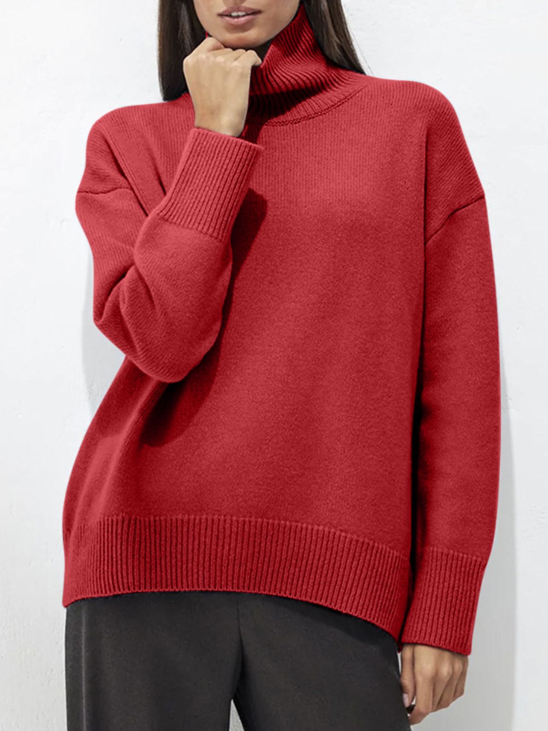 Ribbed Detail Turtleneck Dropped Shoulder Sweater